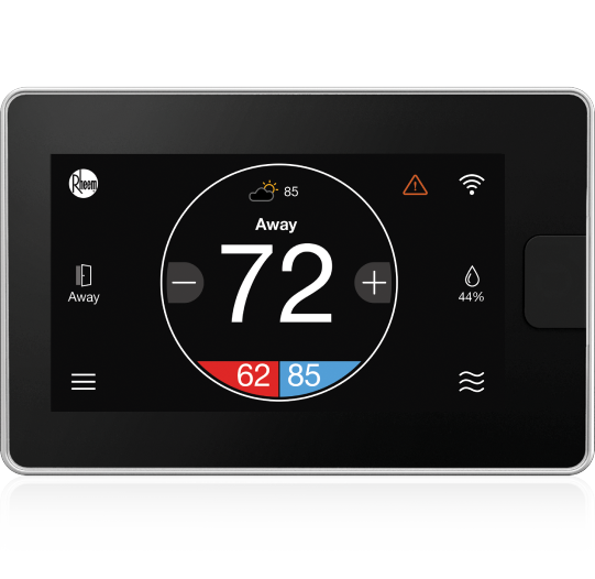 Black touchscreen thermostat showing 72° in Away mode with red and blue temperature controls.