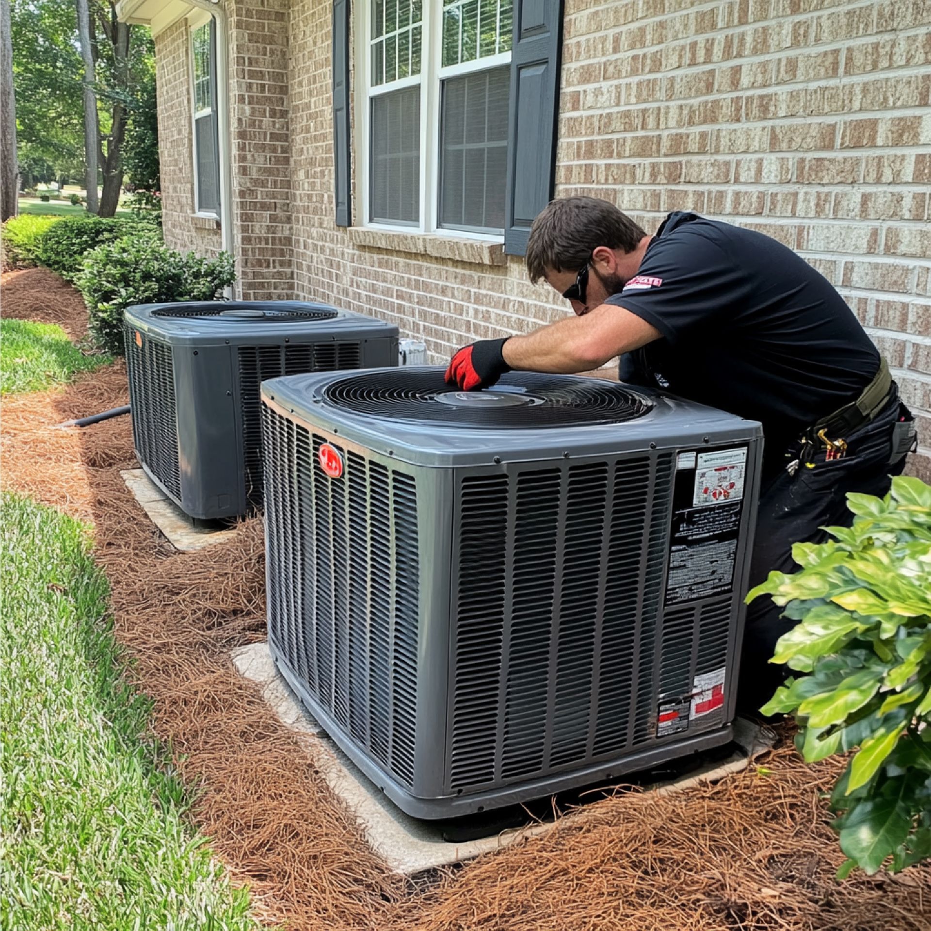 Technician servicing an outdoor HVAC unit beside a brick house, with another unit nearby.