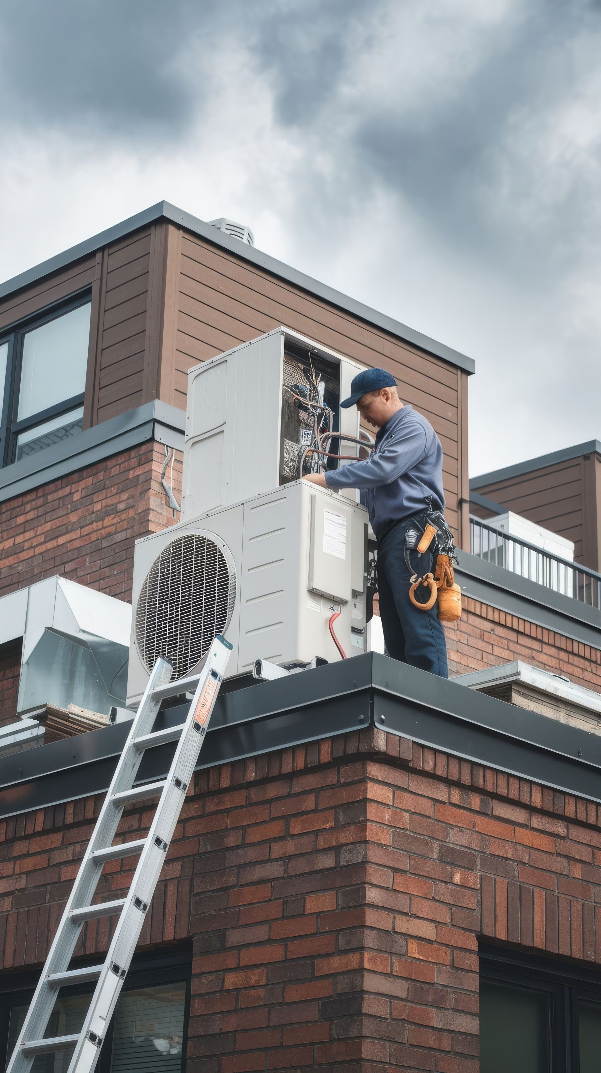 Outdoor split unit on a house rooftop.