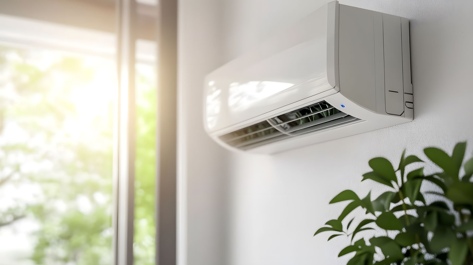 Wall-mounted air conditioner near a bright window with sunlight and a green plant nearby