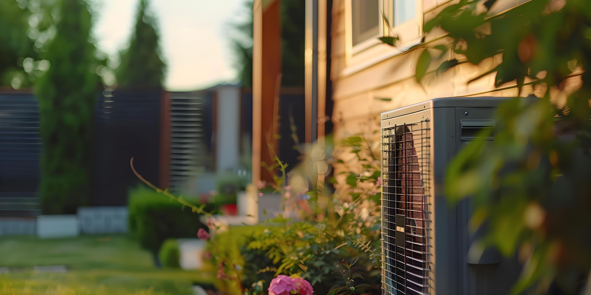 Outdoor home HVAC units beside a house in a sunny backyard with shrubs and a wooden fence