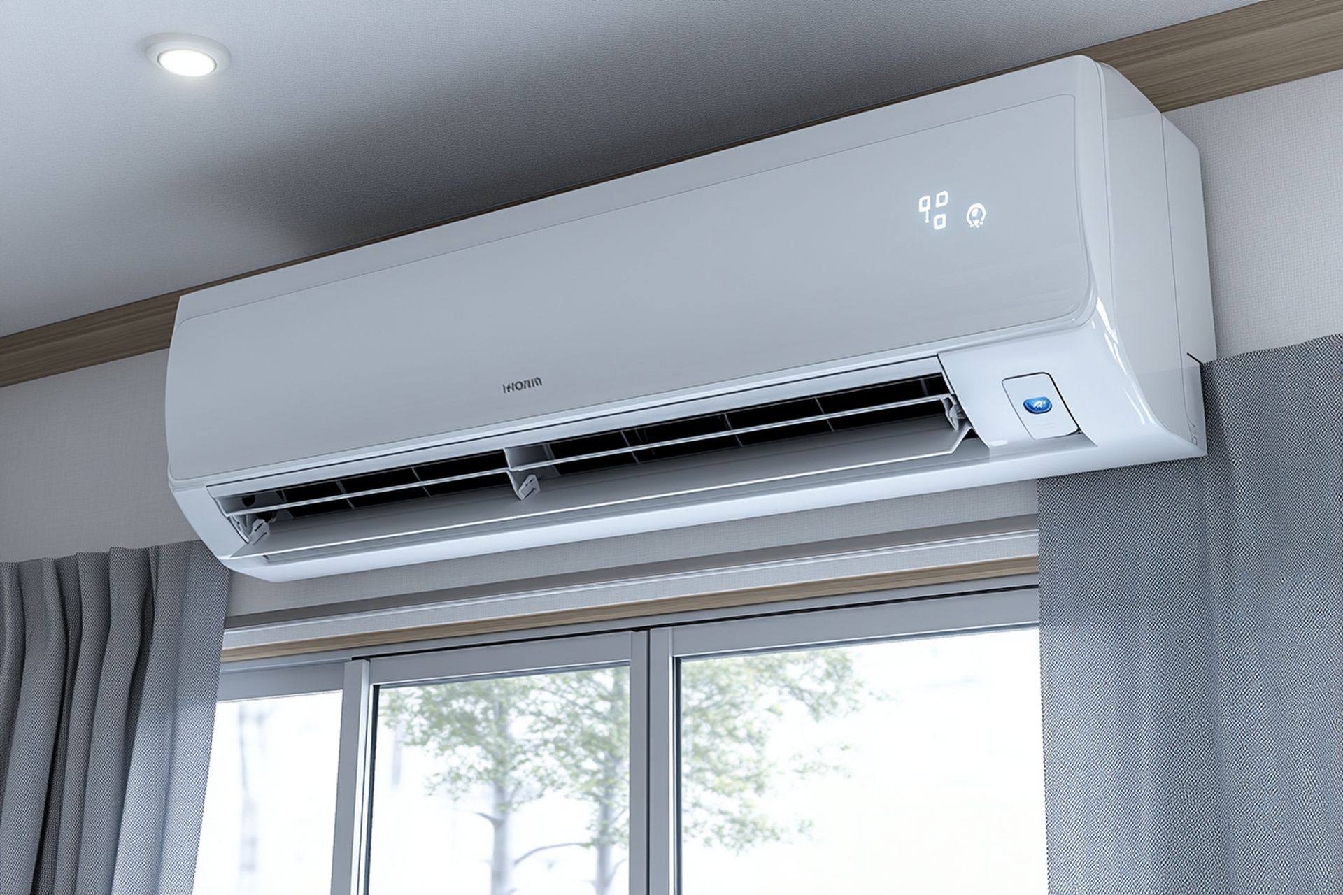 Wall-mounted white air conditioner above a window with gray curtains in a bright room