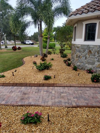 Landscaped front yard with palm trees, mulch beds, and a stone house beside a brick walkway