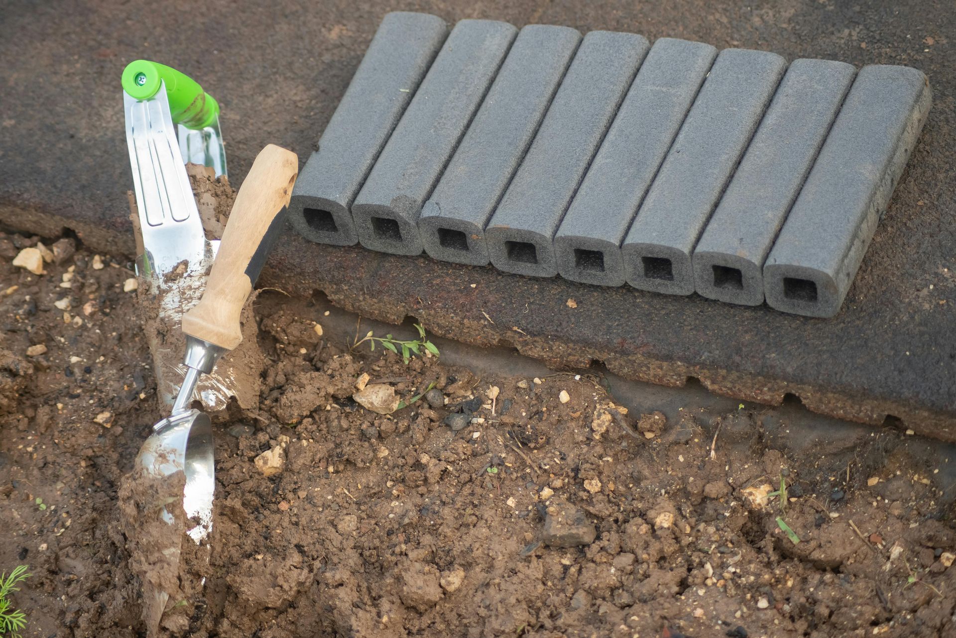 Tools for hardscaping and landscaping.