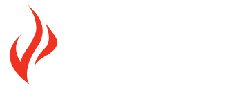 Red flame-like logo on a white background