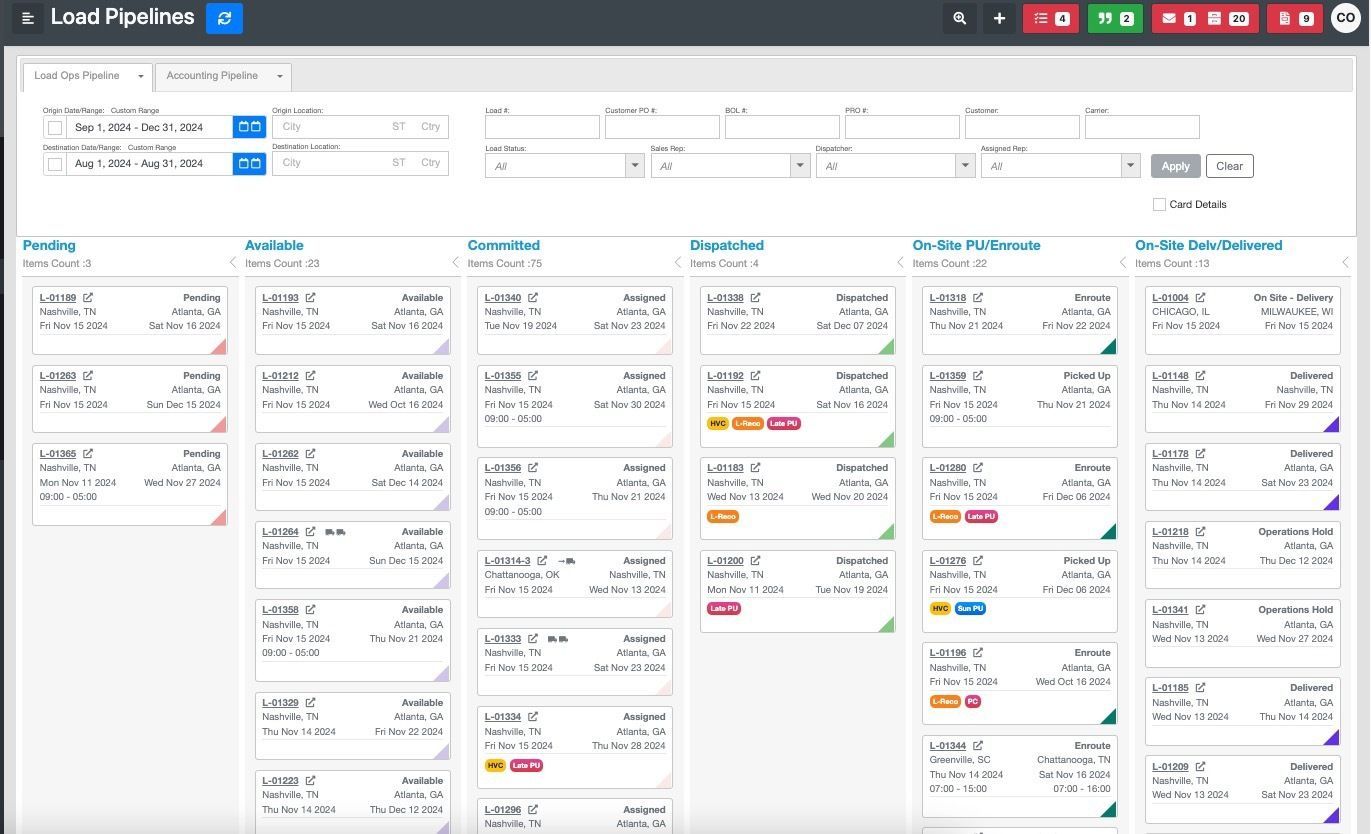 EZ Loader TMS interface with Load Pipeline view for freight brokers