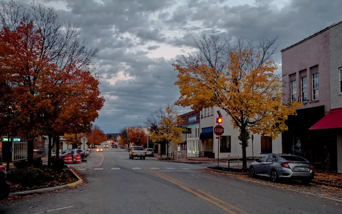 A small town street with a stop sign in the middle of it.