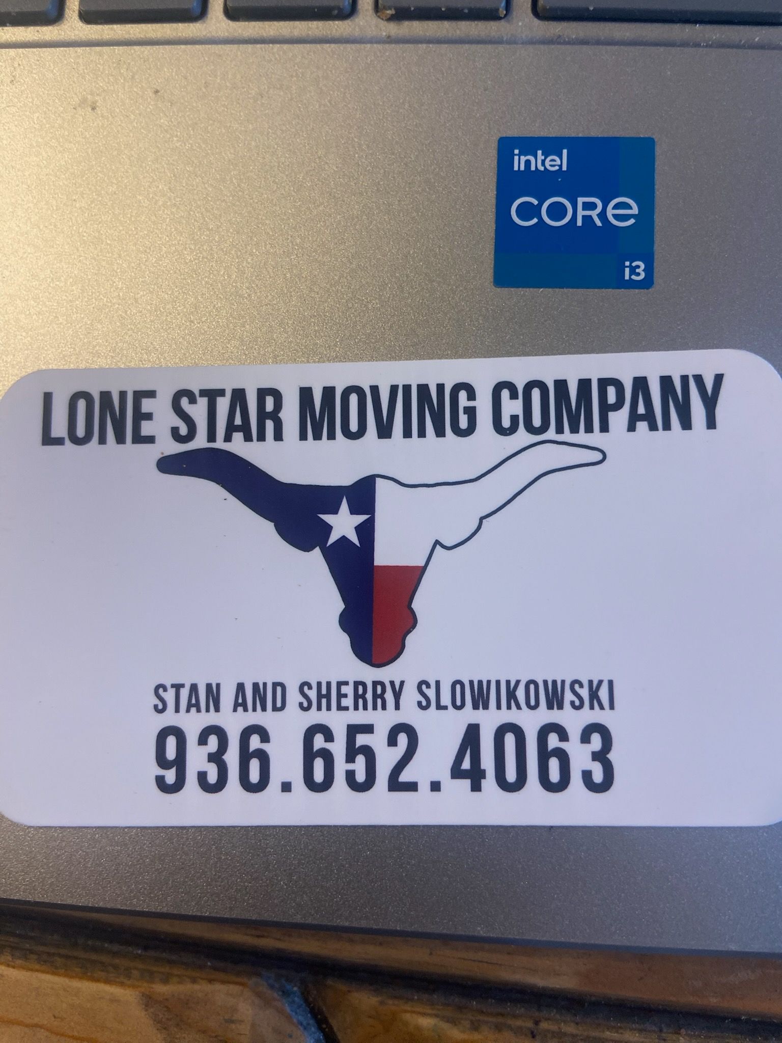 Lone Star Moving Company magnet with Texas logo, Stan and Sherry Sliwinski, and phone number 936.652.4063