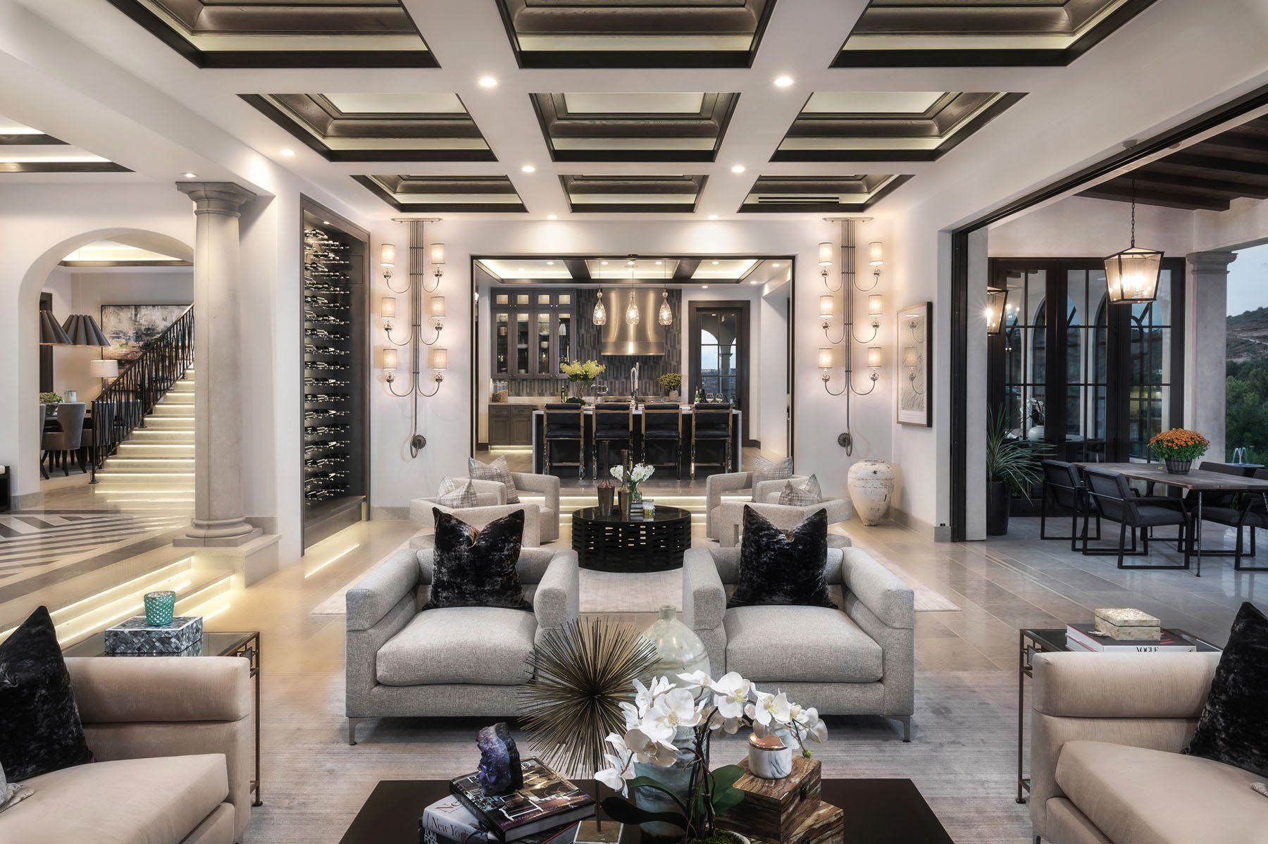 Living room in a formal Italian style home in Crystal Cove designed by Oatman Architects
