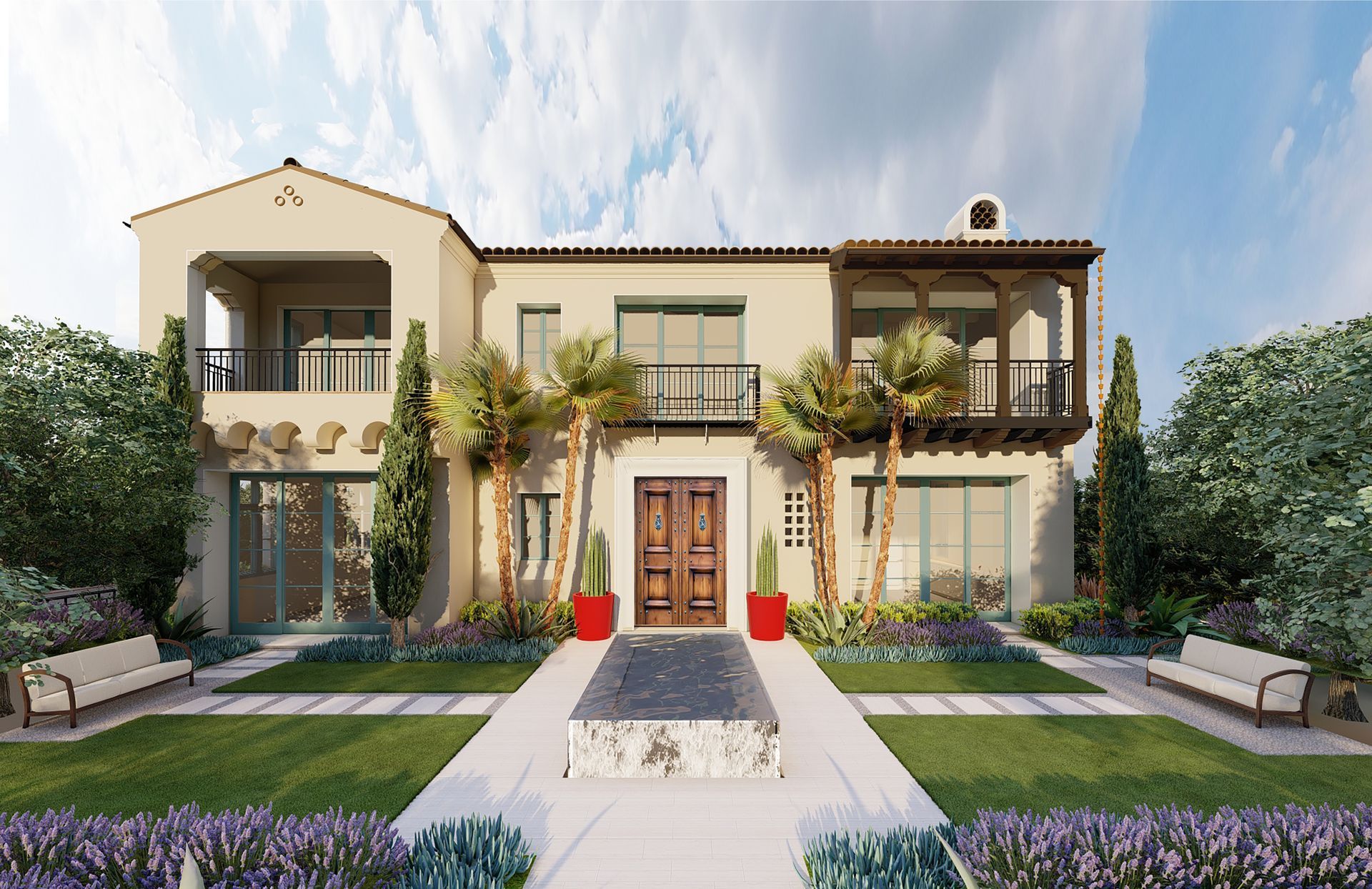 Mediterranean-style house with arched details, balconies, palm trees, and a fountain, set in a sunny, manicured garden.