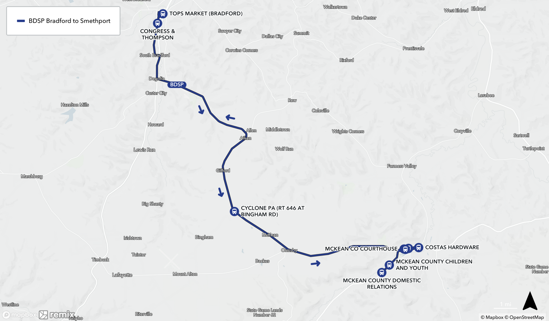 Map of Bradford to Smethport Route Map of Bradford to Smethport Route
