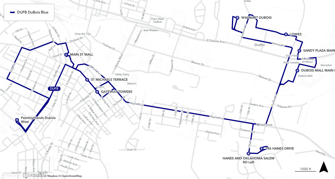 Map of DuBois Blue Route Map of DuBois Blue Route