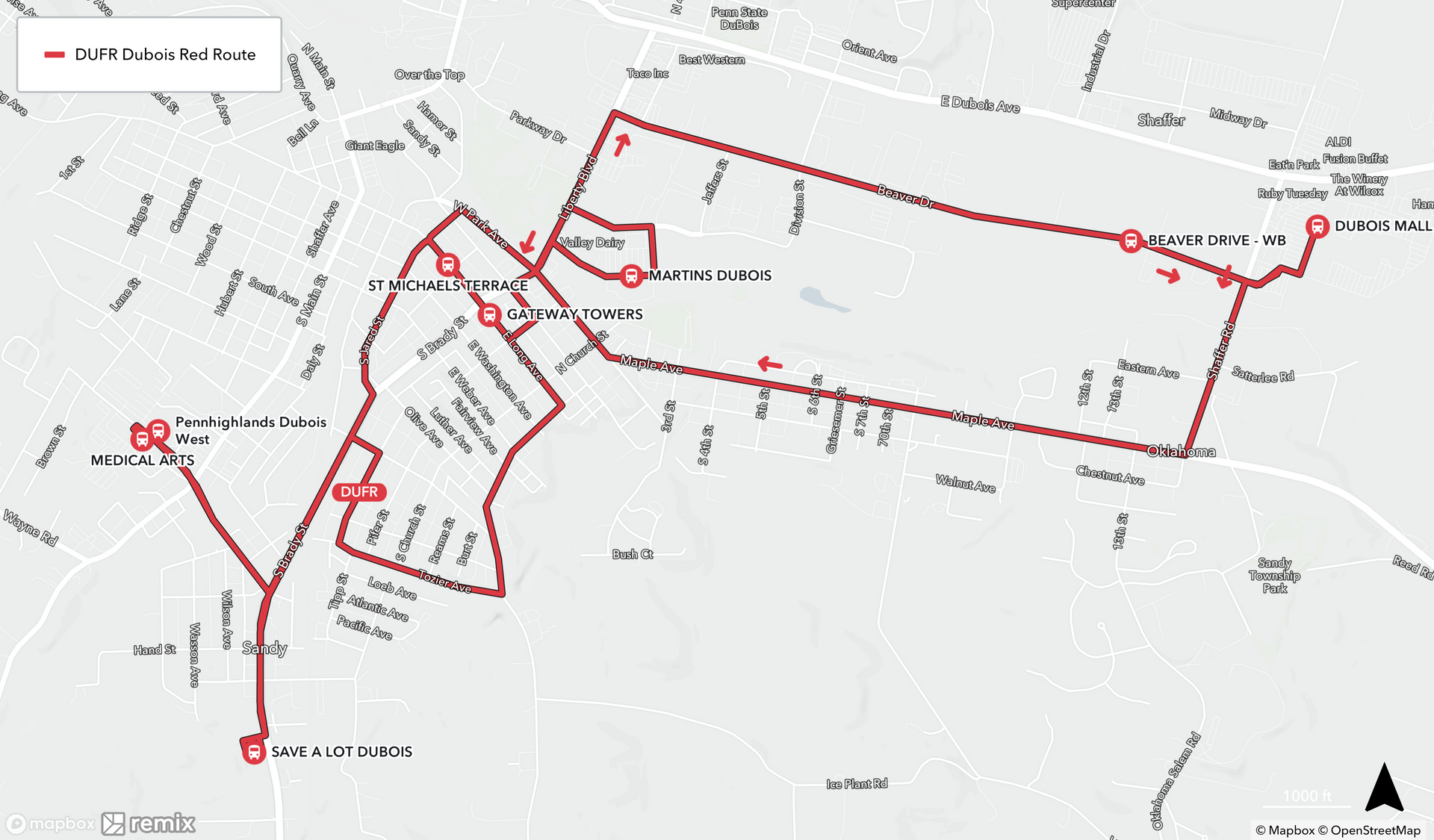 Map of DuBois Red Route Map of DuBois Red Route