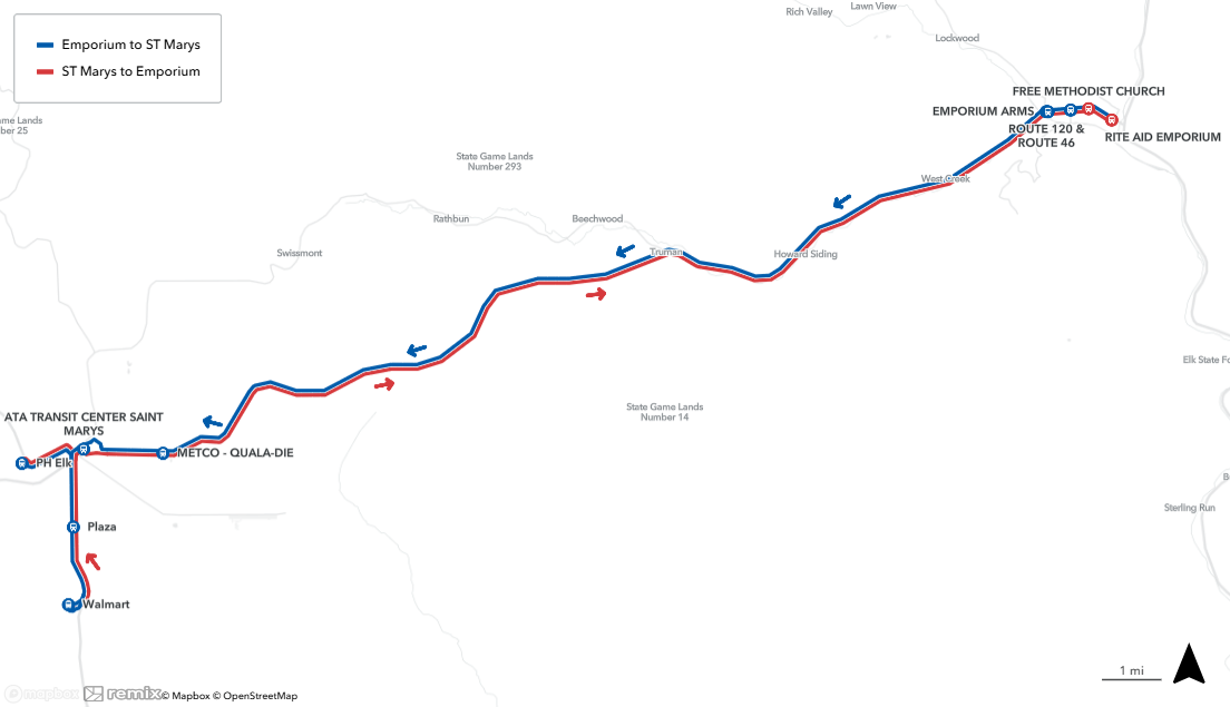 Image with map of Emporium to ST Marys route. 