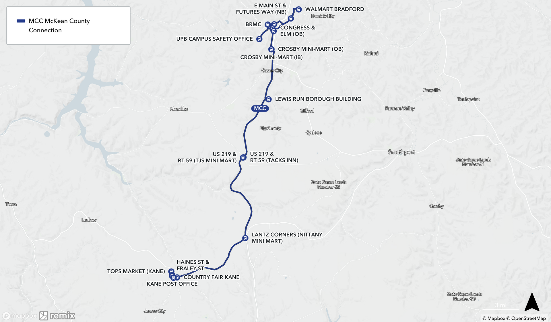 Map of McKean County Connection Route (Bradford to Kane) Map of McKean County Connection Route (Bradford to Kane)