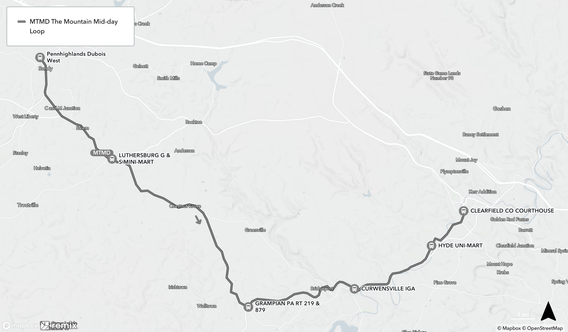 Map of Mountain Loop Mid Day Run (Clearfield to DuBois) Map of Mountain Loop Mid Day Run (Clearfield to DuBois)