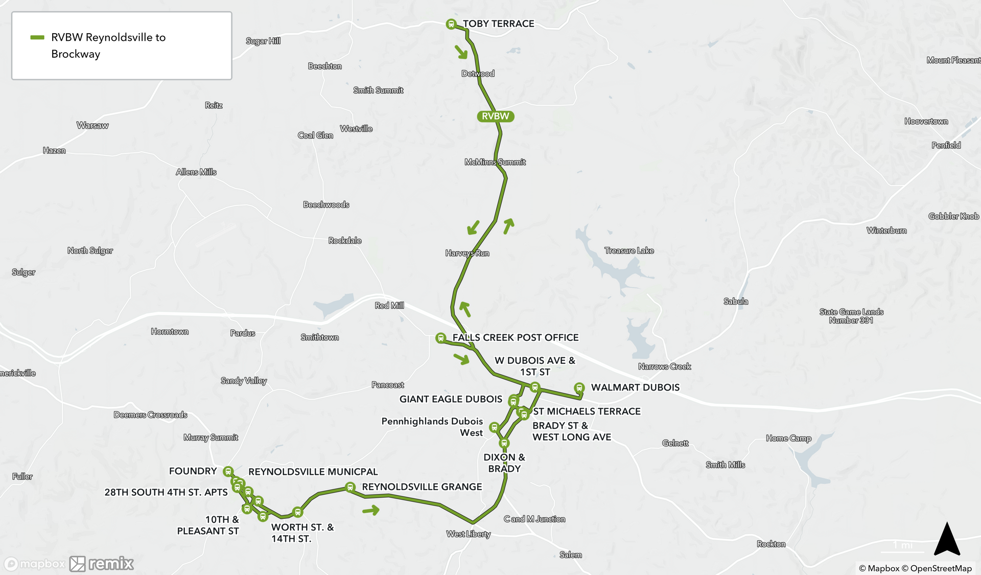Map of Reynoldsville to Brockway Route Map of Reynoldsville to Brockway Route