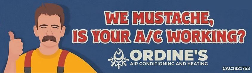 Emergency HVAC service ad with a mustached technician and the text “We moustache, is your A/C working?
