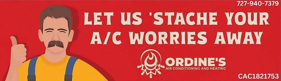 Red HVAC ad: “Let us stache your A/C worries away,” with a mustached man and Ordine’s logo.