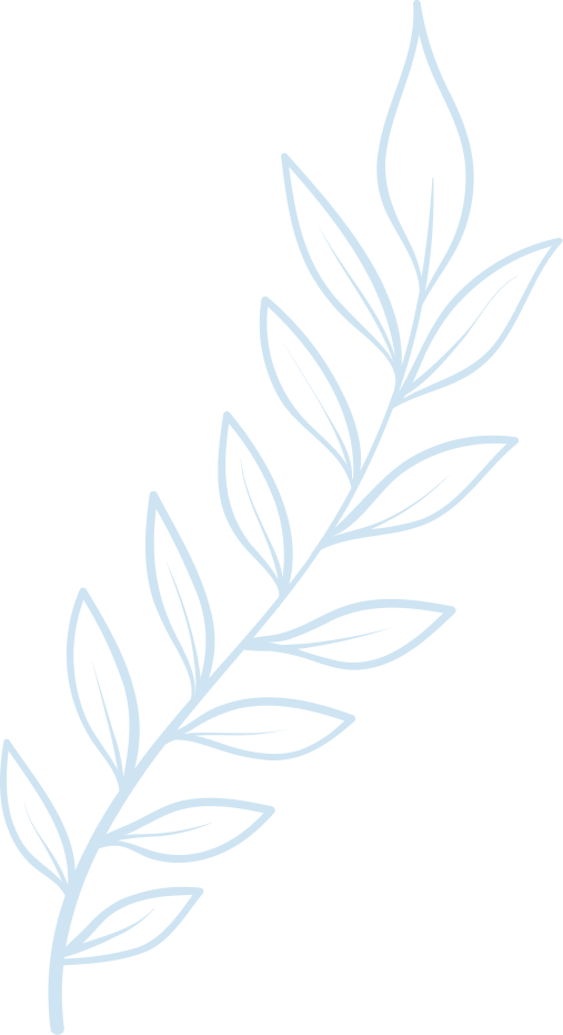 A simple line drawing of a leafy branch in soft blue on a light blue background.