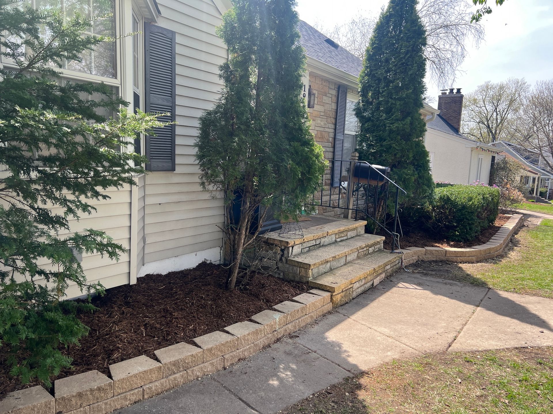 A tan house with stone steps, a dark mulch garden bed, and evergreen trees along a concrete walkway.
