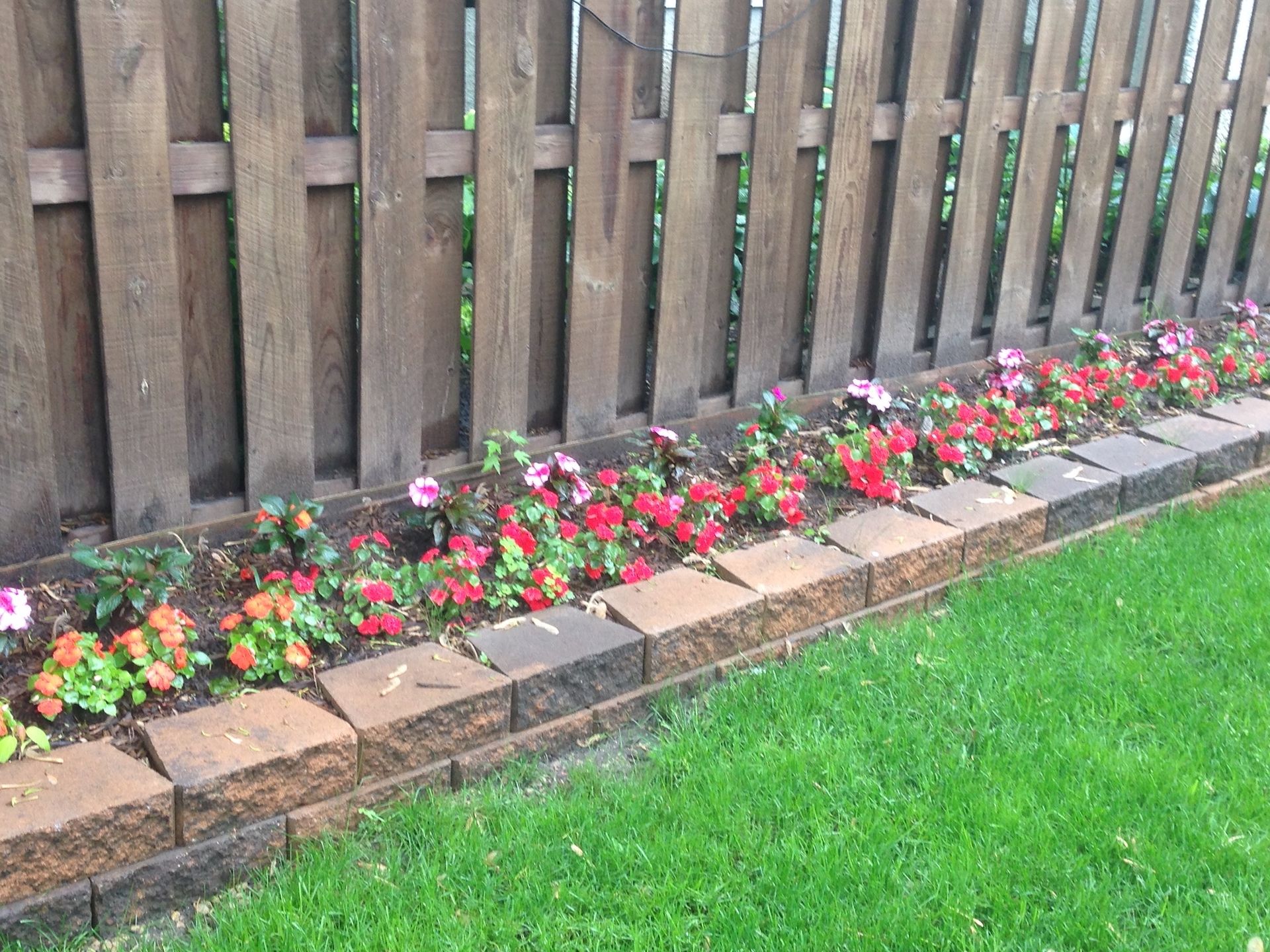 A flower bed with colorful red, pink, and orange flowers bordered by tan retaining wall blocks against a wooden fence.