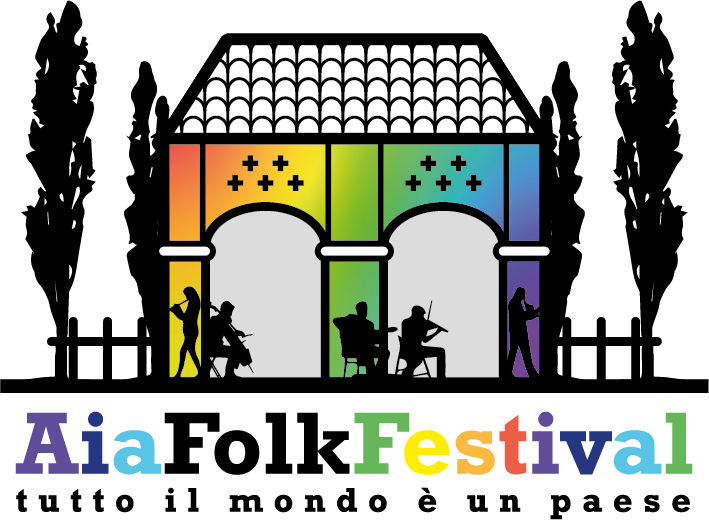 Un logo per l'aia folk festival mostra un edificio con un tetto arcobaleno