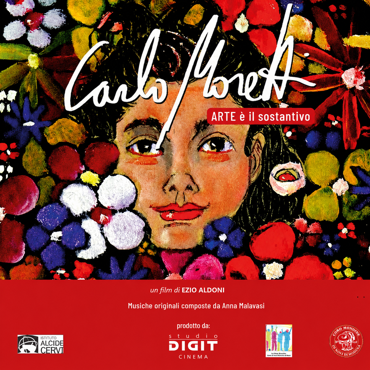 Manifesto colorato con il volto di una donna, fiori e il titolo “Carlo Moretti, Arte e il sostantivo”