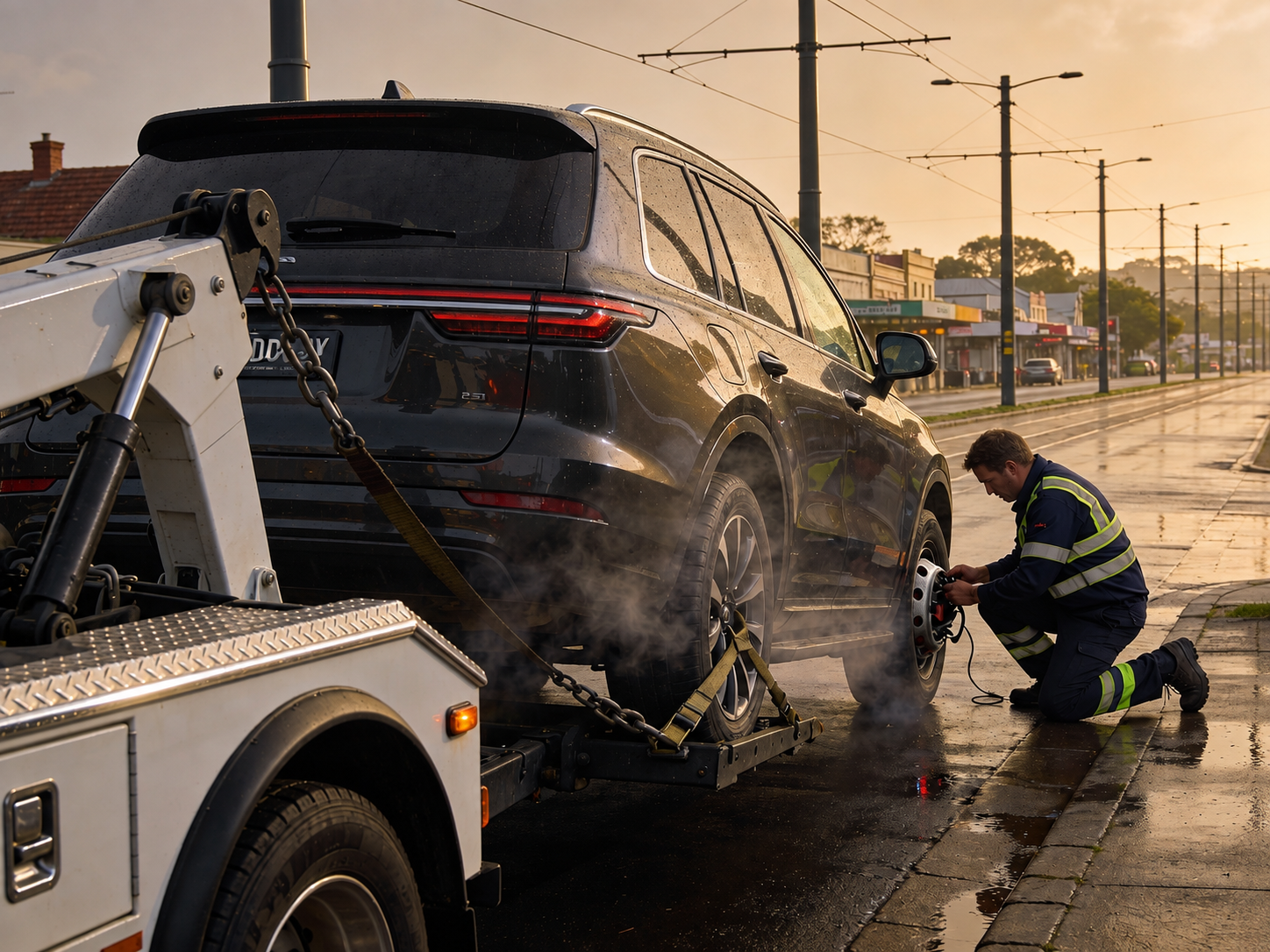 tow worker attaching suv to tow truck
