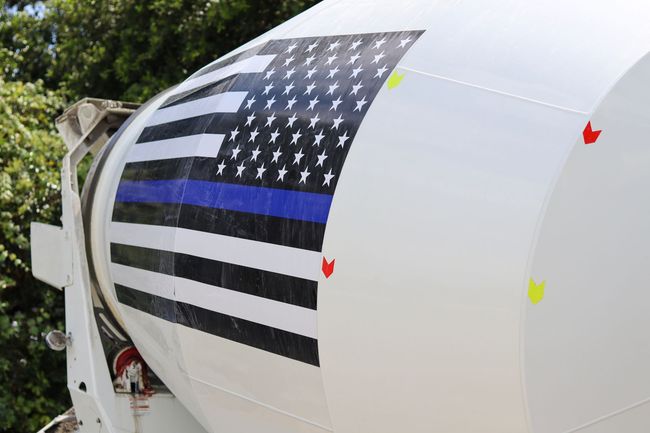 Concrete Mixer with US Flag and Blue Stripe
