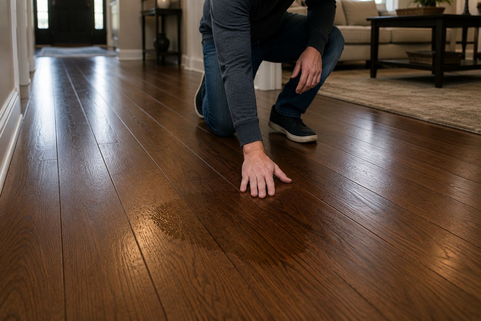 Person kneeling on a polished hardwood floor, touching a scratched area near a hallway.