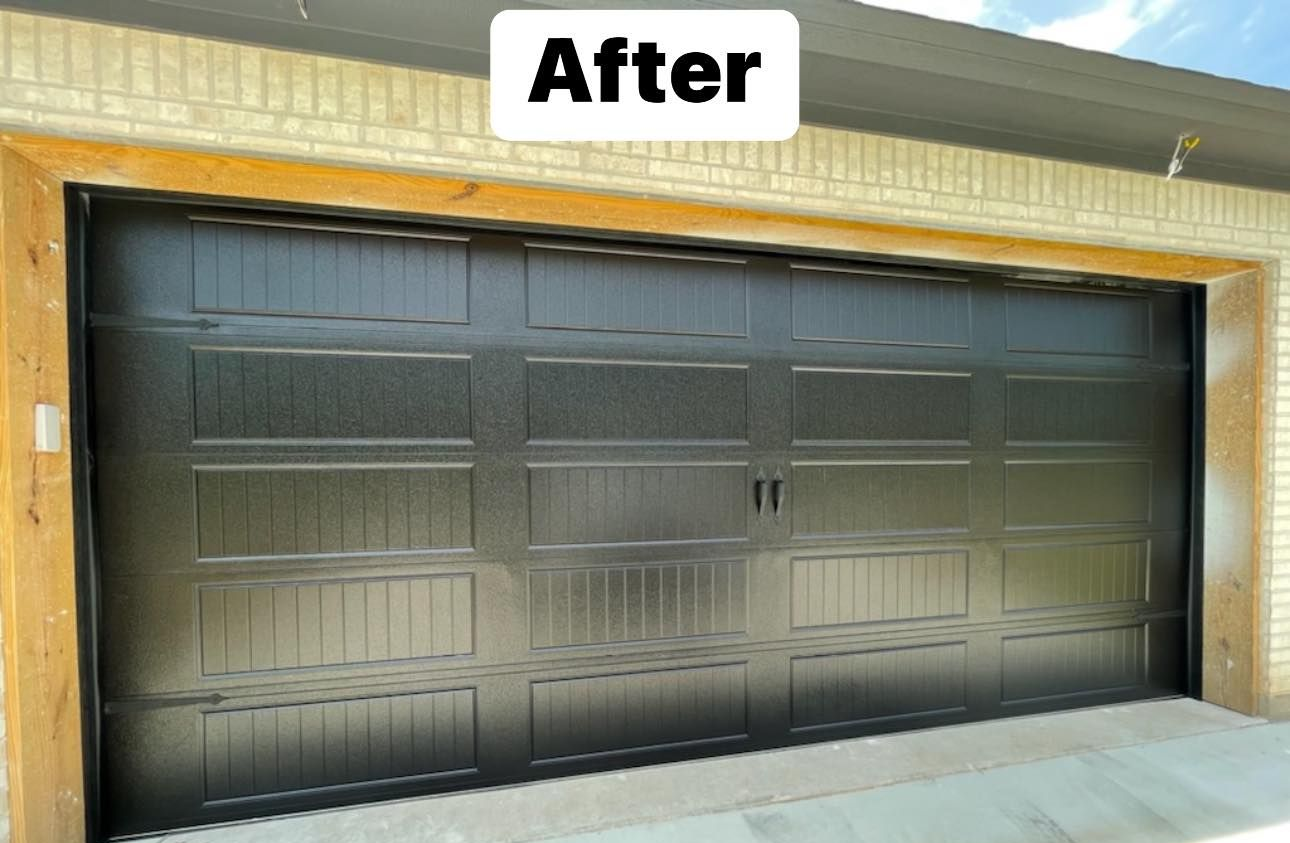 Black garage door with wood frame, 