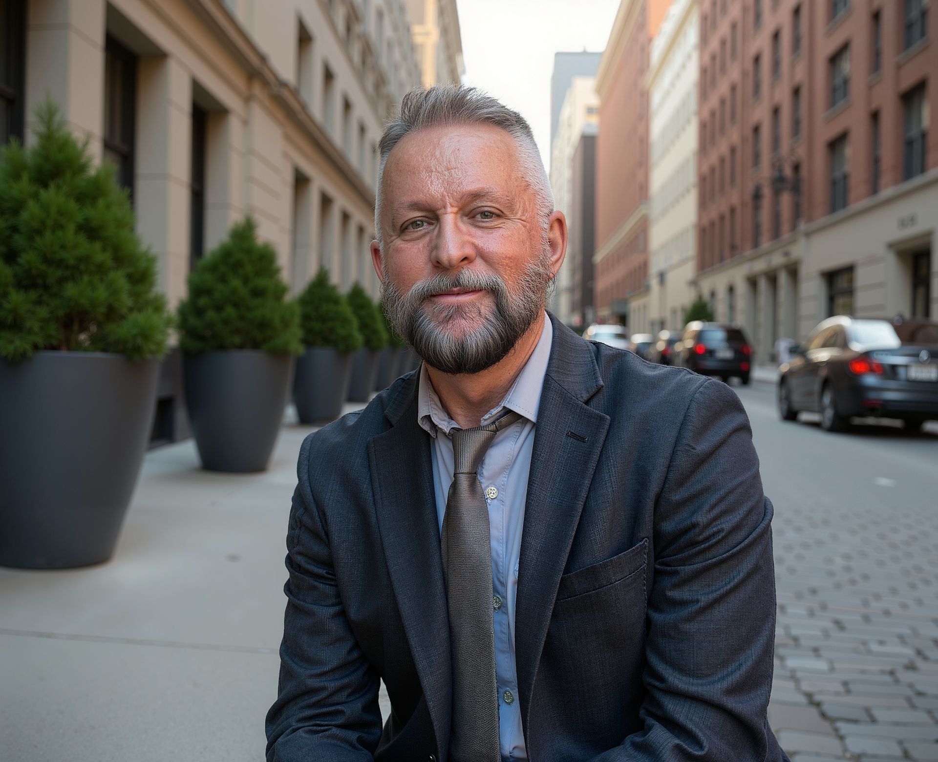 Man in a blue suit sitting on a city sidewalk, with tall buildings and large planters behind him.