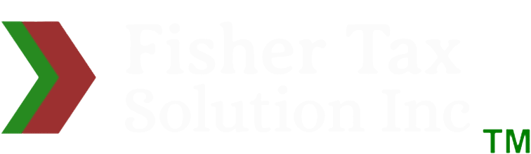 Fisher Tax Solutions logo with red and green chevron mark on a white background.