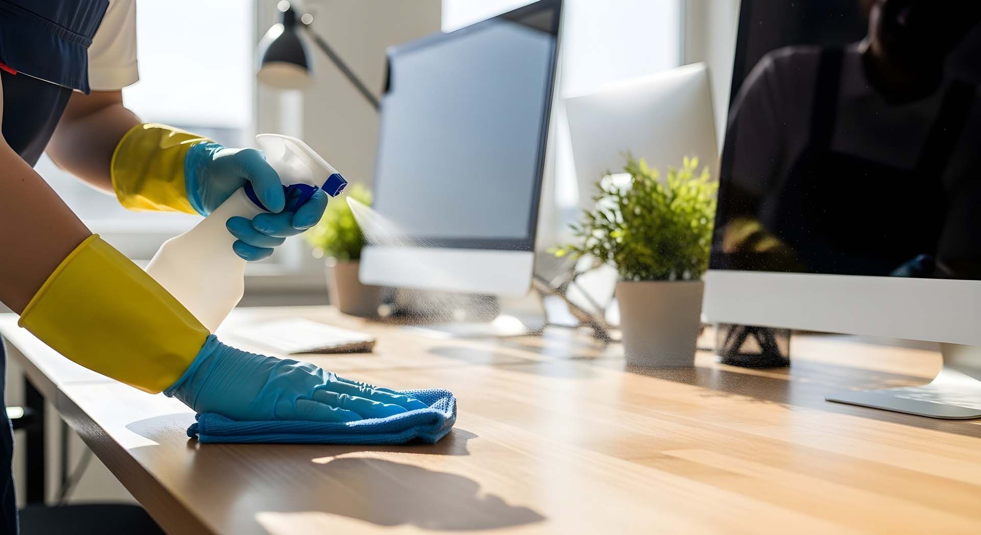 A person in yellow rubber gloves uses an upholstery cleaning machine to clean a gray fabric sofa.