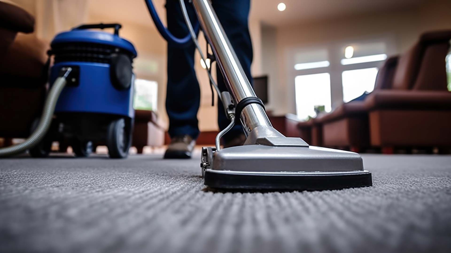 A person uses an industrial vacuum cleaner to clean a grey carpet in a furnished room.