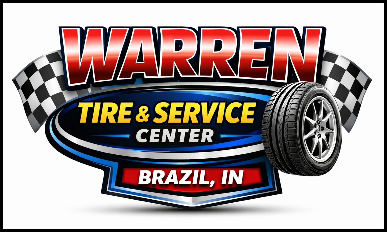Warren Tire & Service Center logo with checkered flags and tire, Brazil, Indiana