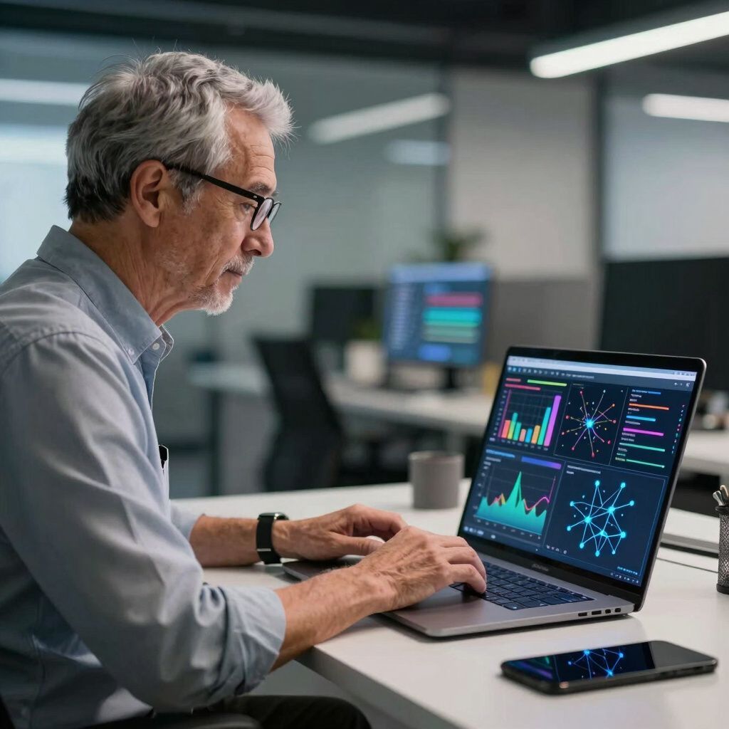 Man working on laptop, displaying data visualizations in a modern office setting.