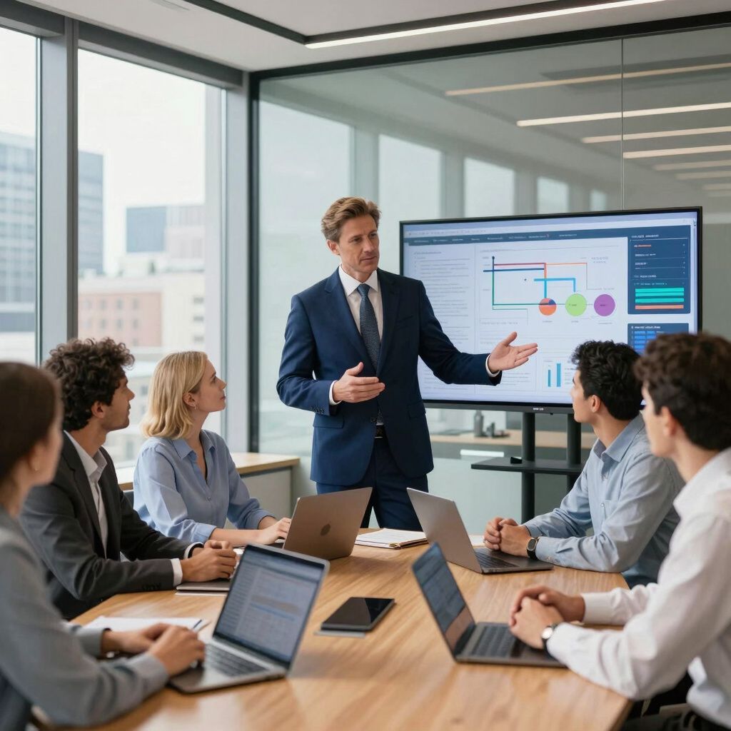 Man in suit presenting data on screen to a team in a modern office.