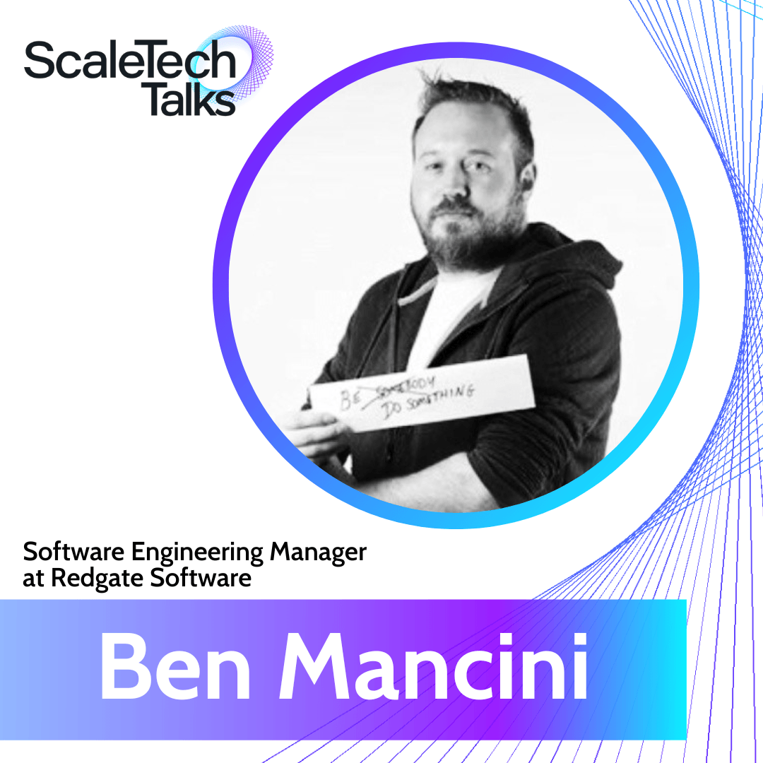 Ben Mancini, Software Engineering Manager at Redgate Software, holding a sign. Blue and purple background.