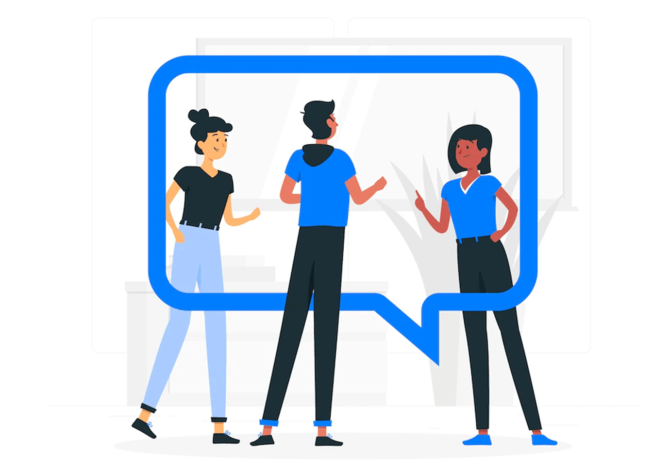 Three people in casual clothing stand inside a blue speech bubble, discussing an idea.