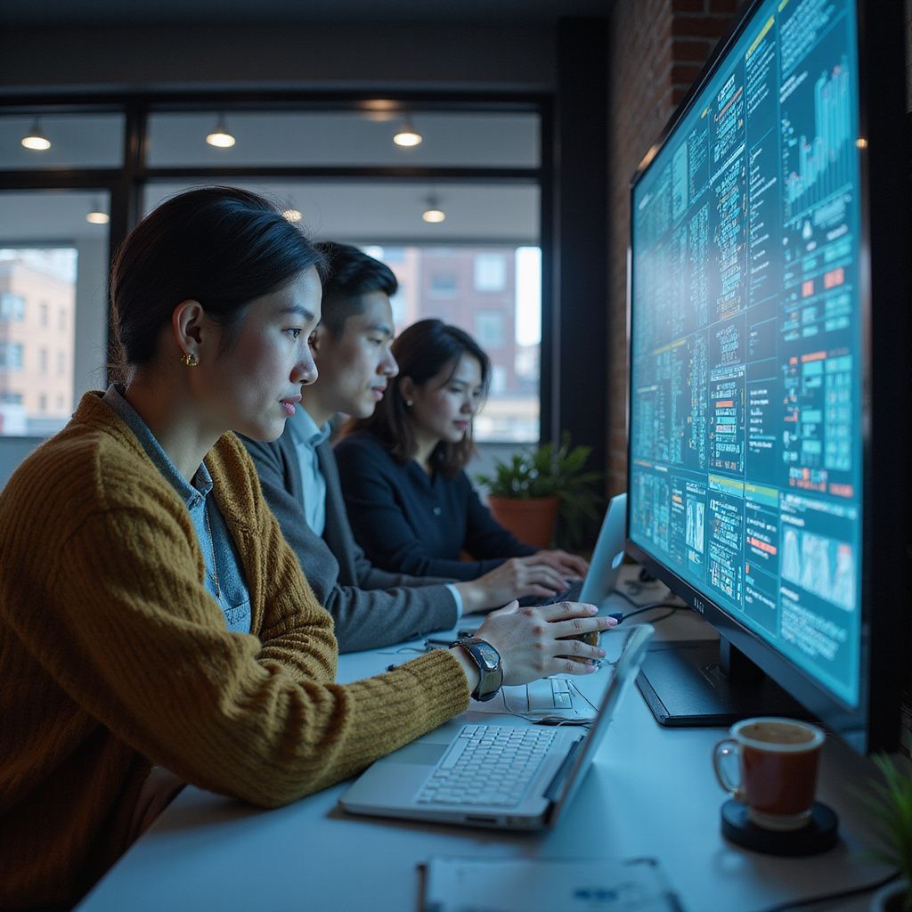 Three people looking at computer screens in an office; data visualizations displayed.