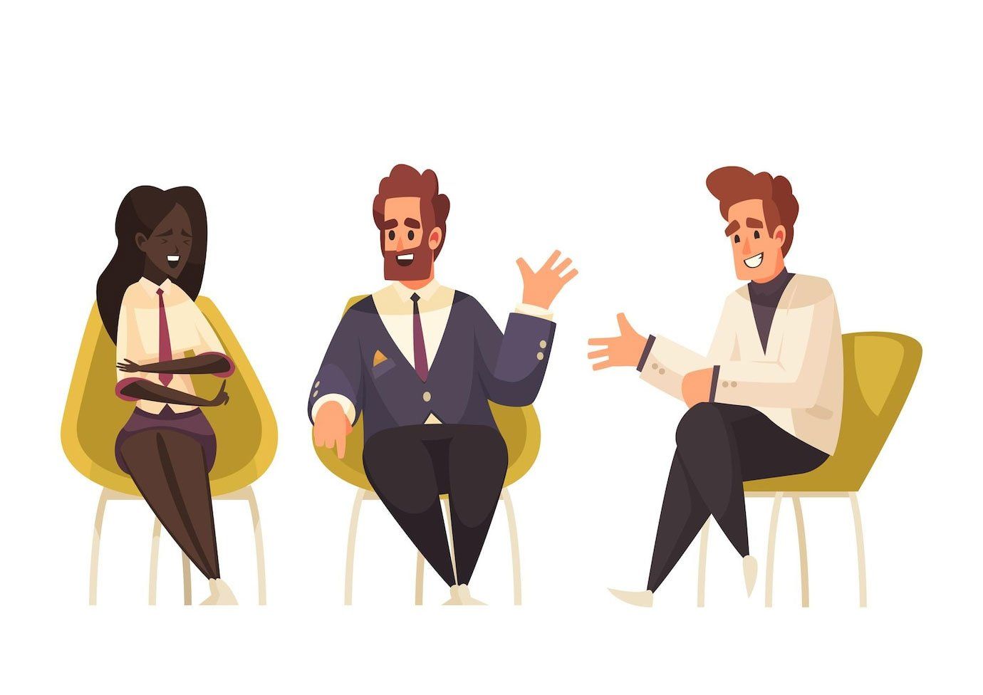 Three people seated, interacting. Woman crossed arms. Two men gesture, smiling. Yellow chairs, white background.
