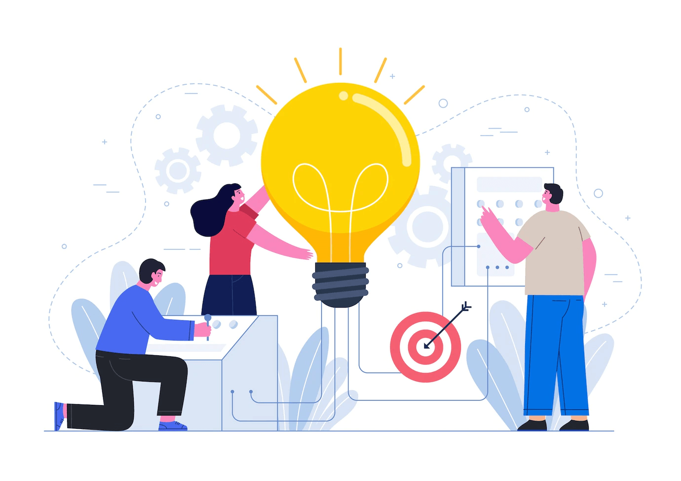 Team members around a large lightbulb, aiming at a target, brainstorming ideas.