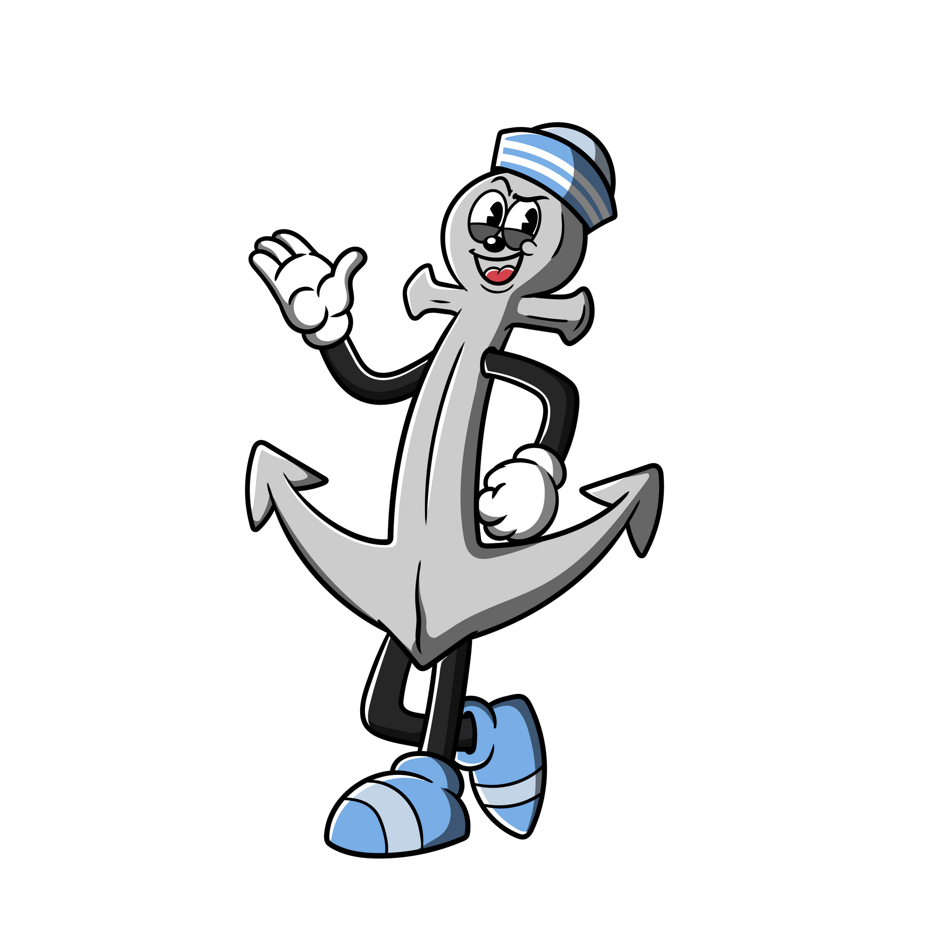 A cartoon anchor is wearing a sailor hat and waving.