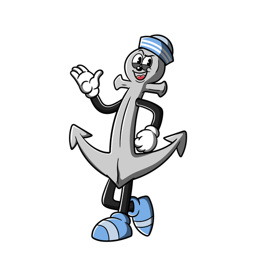 A cartoon anchor is wearing a sailor hat and waving.