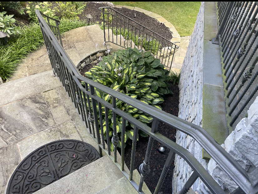 A staircase with a wrought iron railing leading up to a garden.