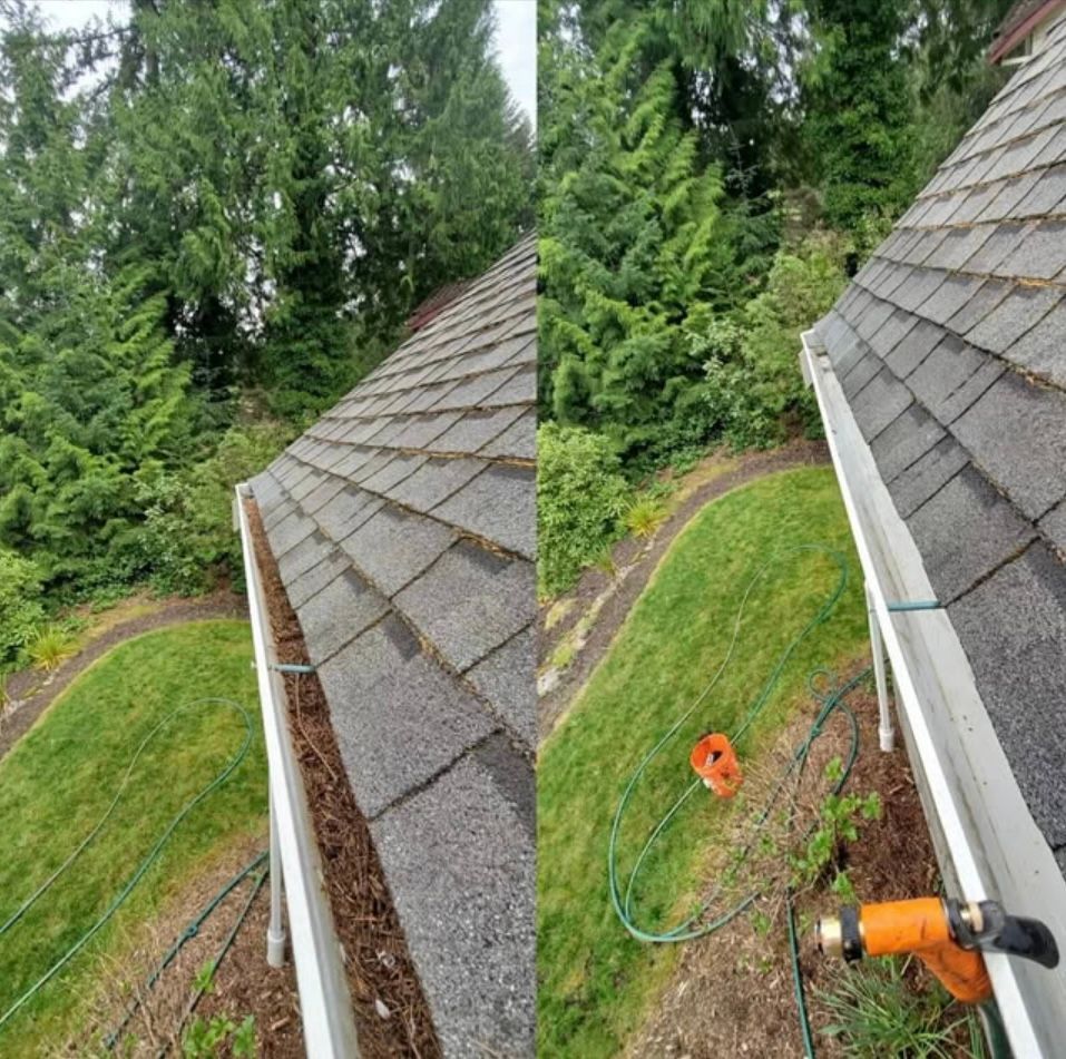 A before and after picture of a gutter cleaning on a roof.