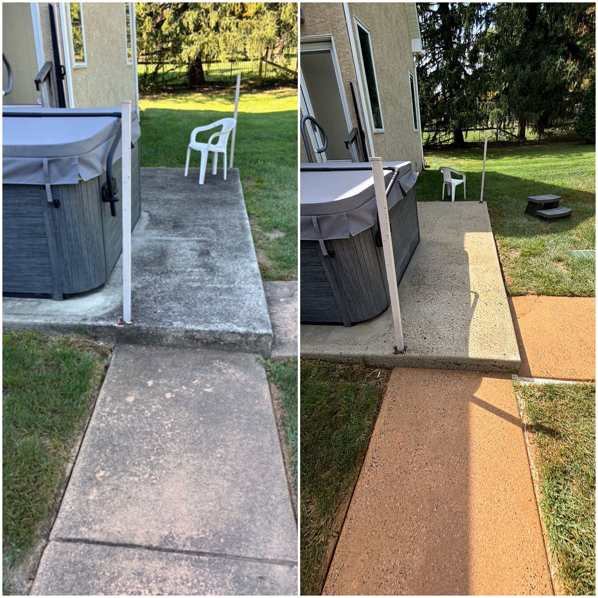 A before and after photo of a walkway next to a hot tub.