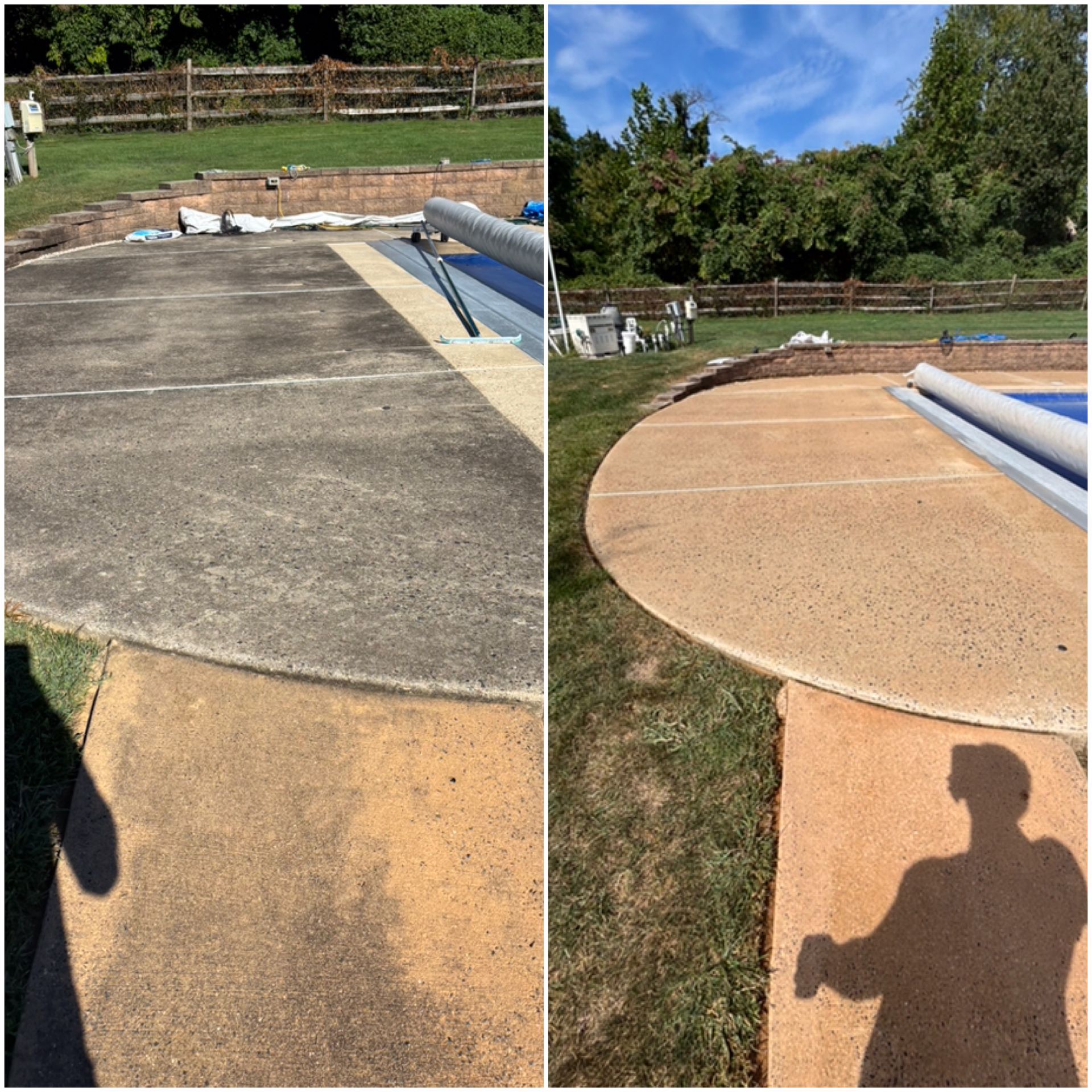 A before and after picture of a concrete walkway next to a pool.